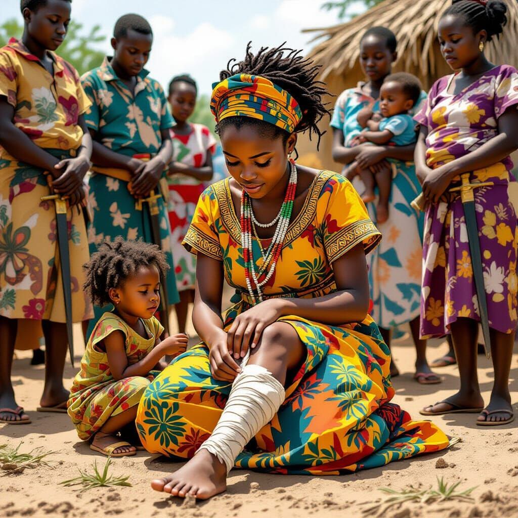 Compassionate African Girl Tending Wounded Man: Art Nouveau