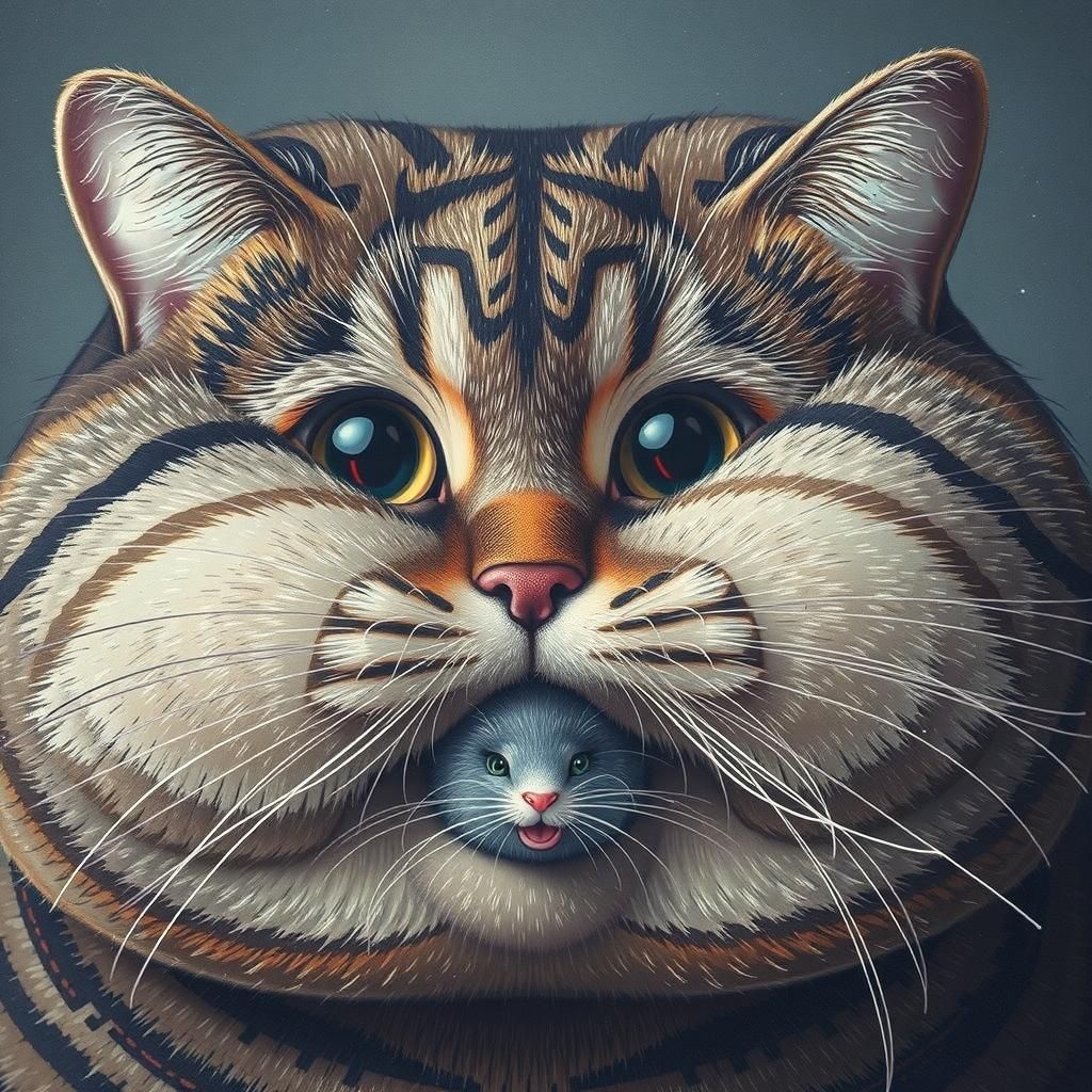 Portrait of a cat with fat cheeks. A mouse tail sticks out of the closed mouth. The cat has an embarrassing facial expre...