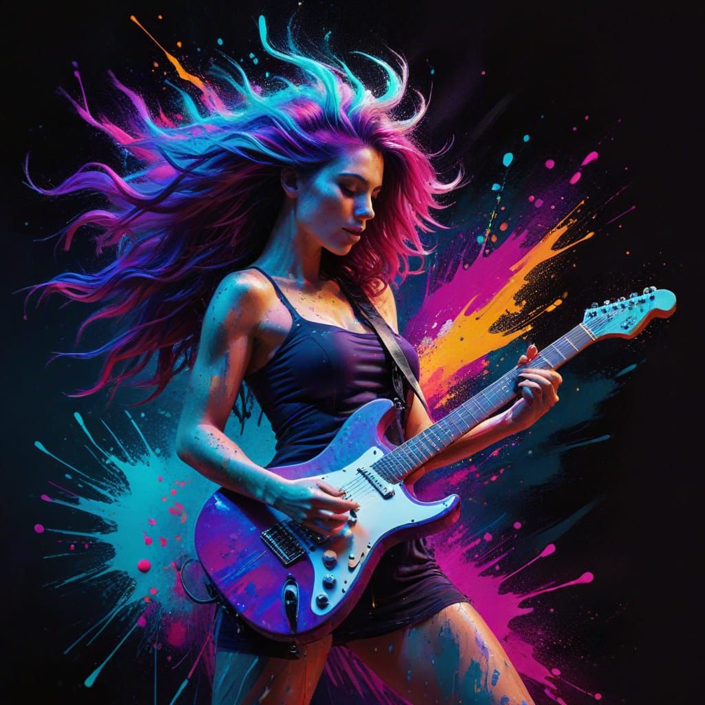 Vibrant Digital Painting of Musician Woman with Colorful Hai...