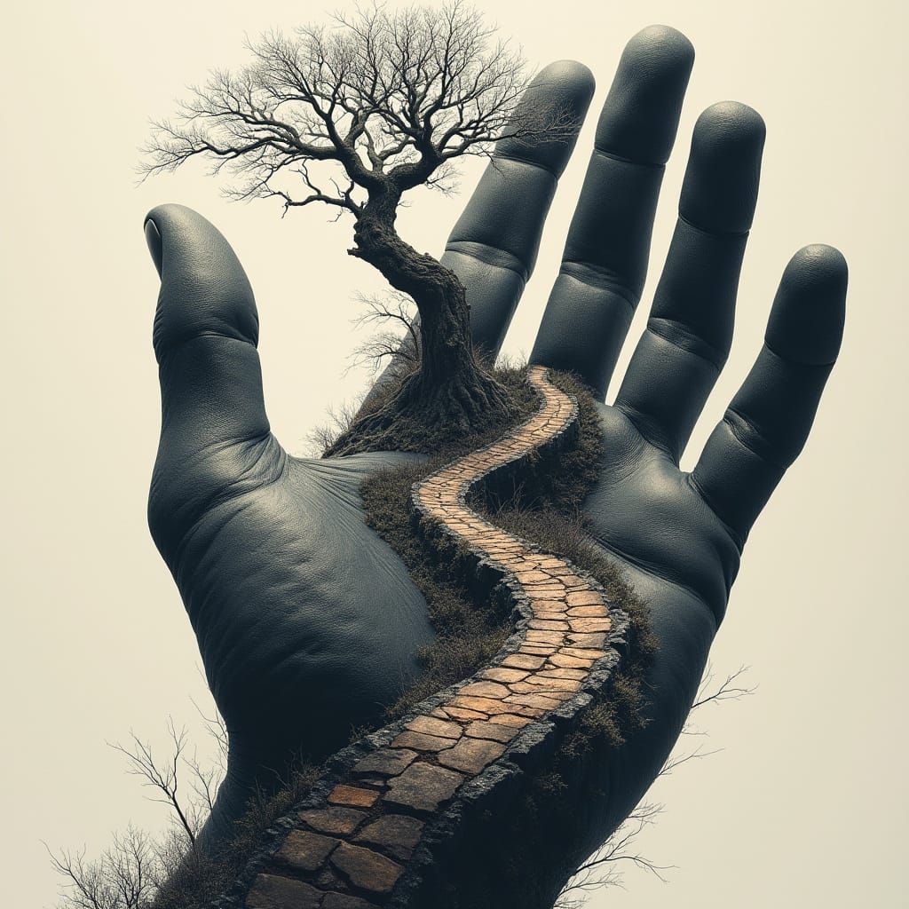 Obsidian Hand and Withered Oak in Double Exposure
