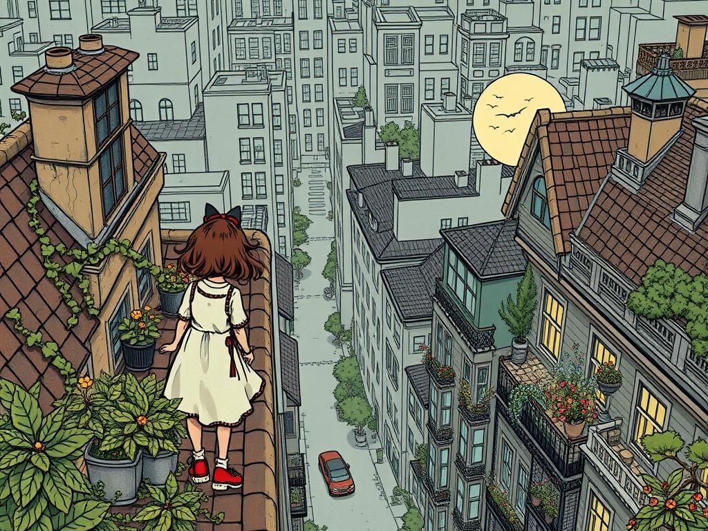 Rooftop Garden Scene in Graphic Novel Style