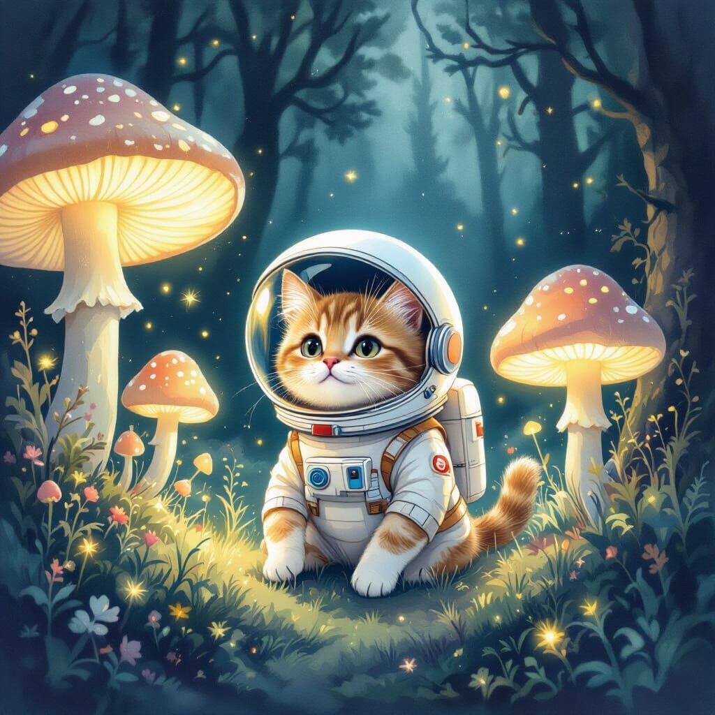 Cat Astronaut Floats in Enchanted Forest with Glowing Mushro...