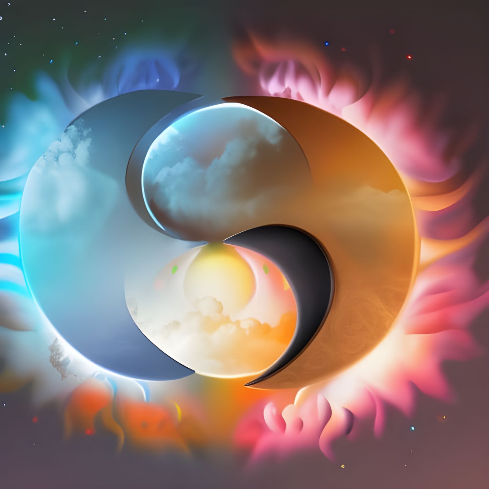 Yin Yang Sun and Moon in Glowing Sky