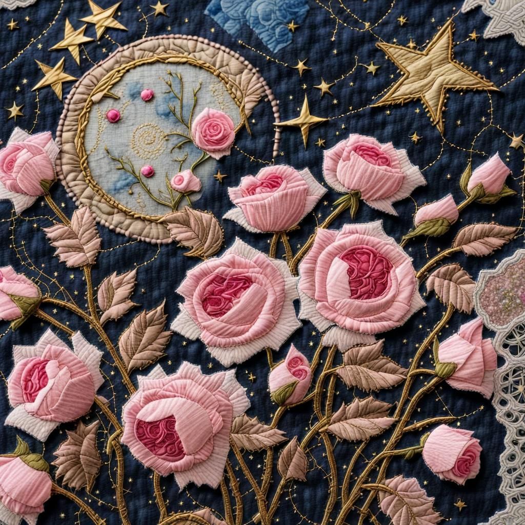 Mystical Rose Fabric Collage with Embroidery