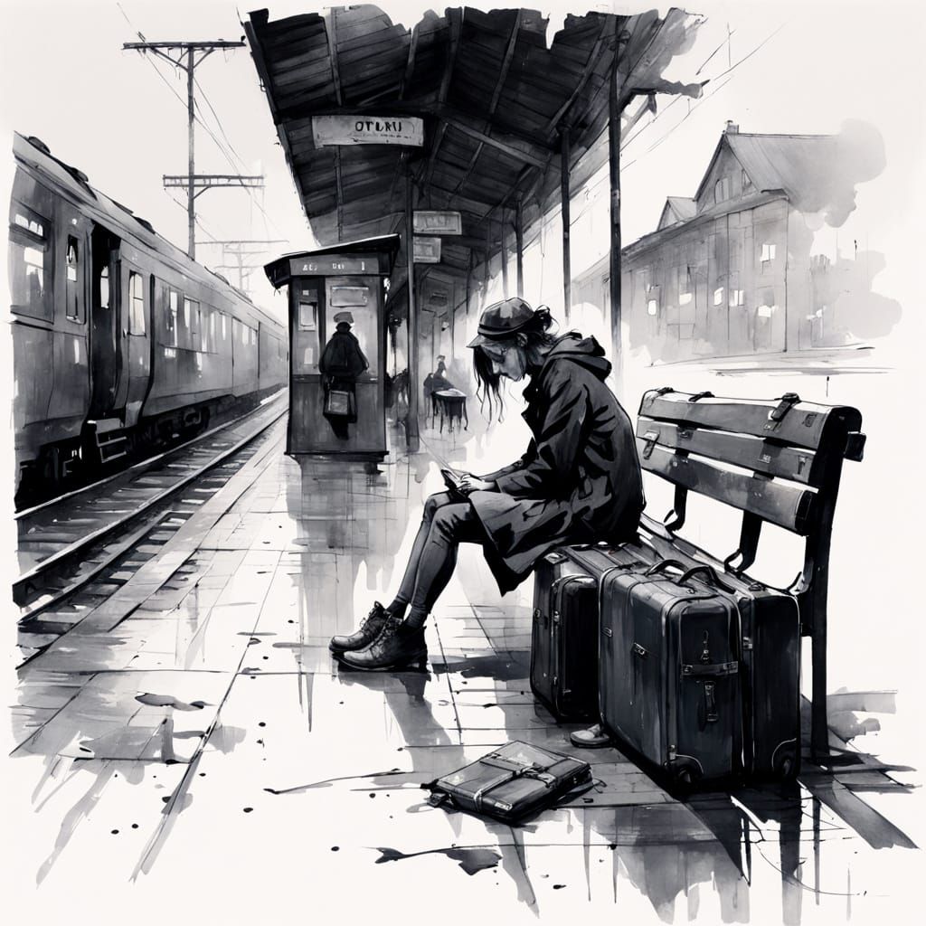 Lonely Traveler at a Desolate Train Station in Charcoal Styl...