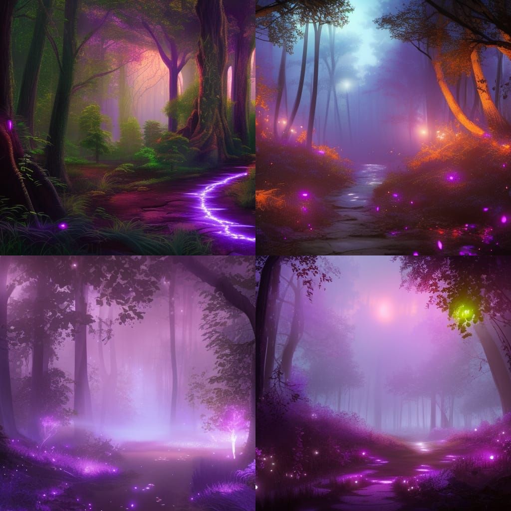 Forest Path Lit by Purple Lights, Matte Painting
