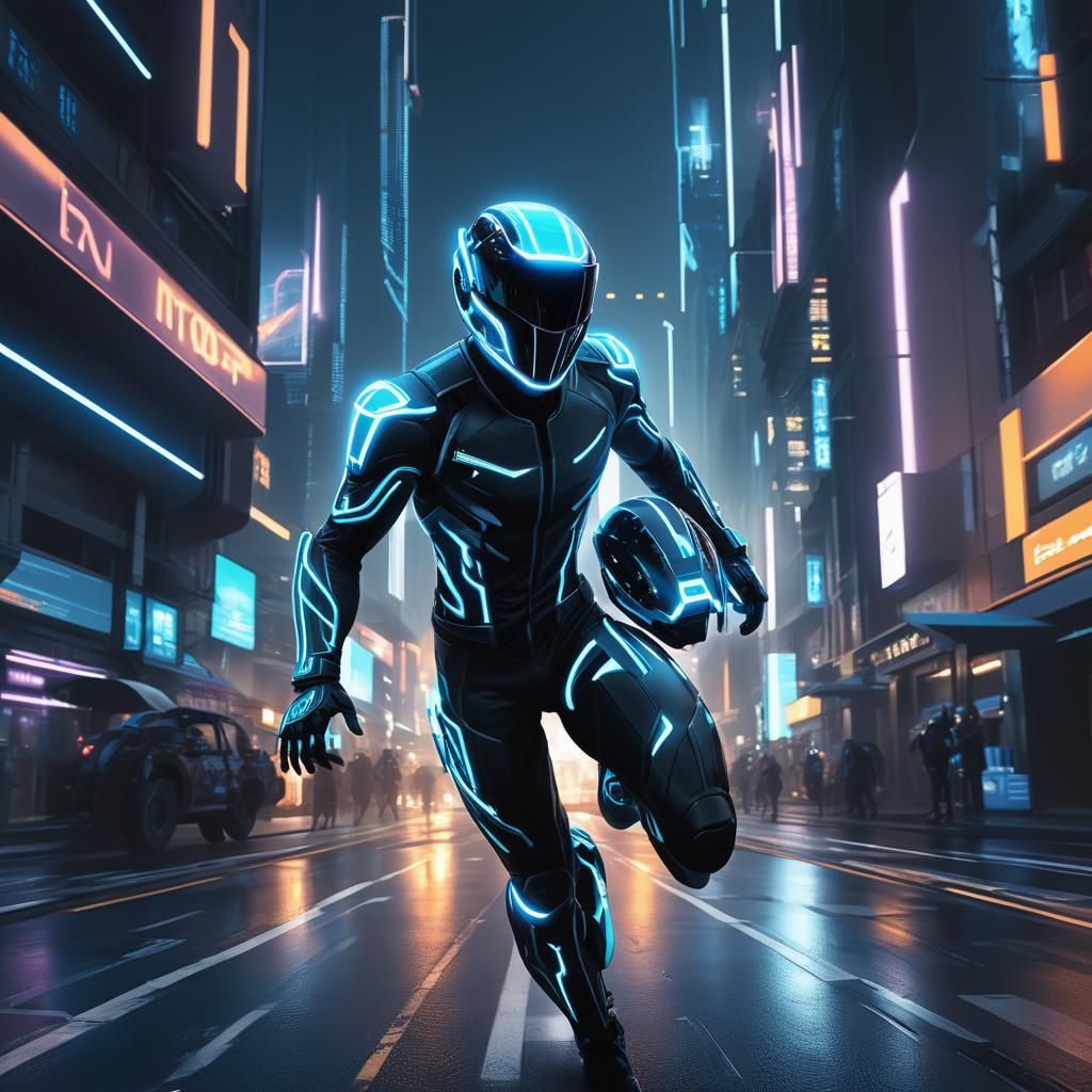 Tron Program Running Through Neon Cityscape