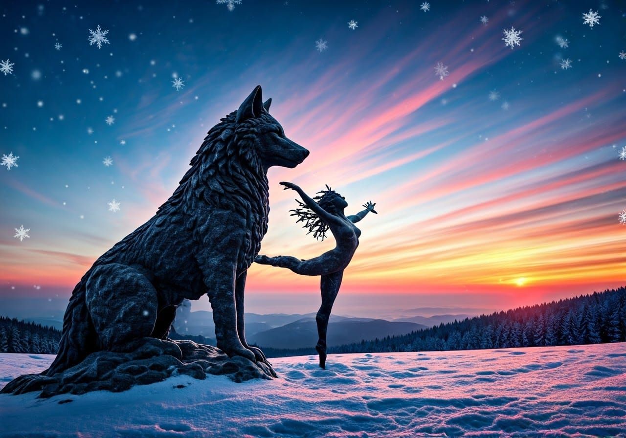 Wolf and Dryad Dance Under Vibrant Winter Sunrise