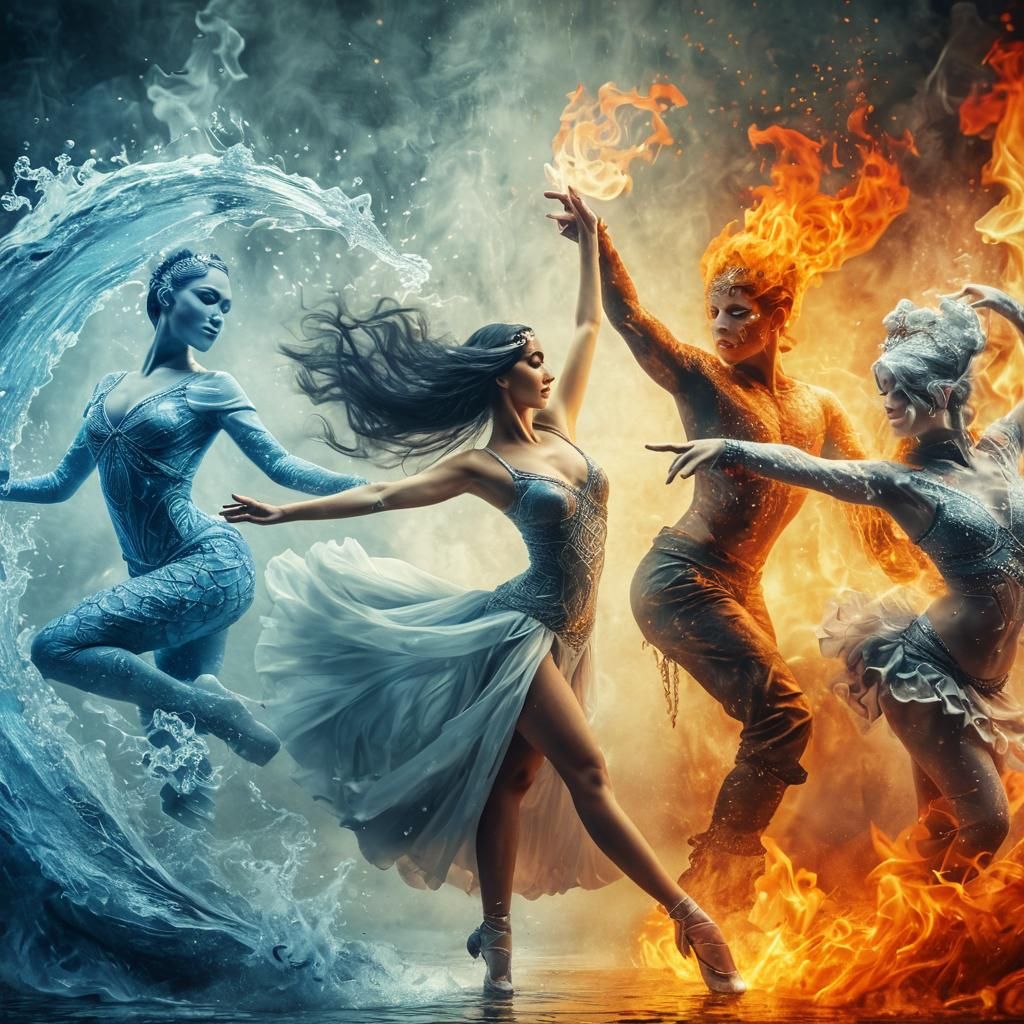 Elemental Ballerinas in Harmonious Dance, Oil Painting