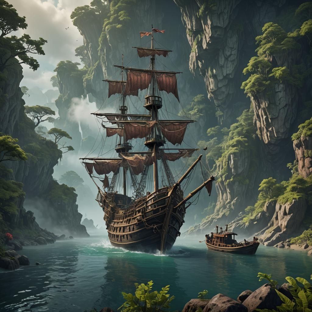 Eerie Island with Ghostly Pirate Ship in Fantasy Art