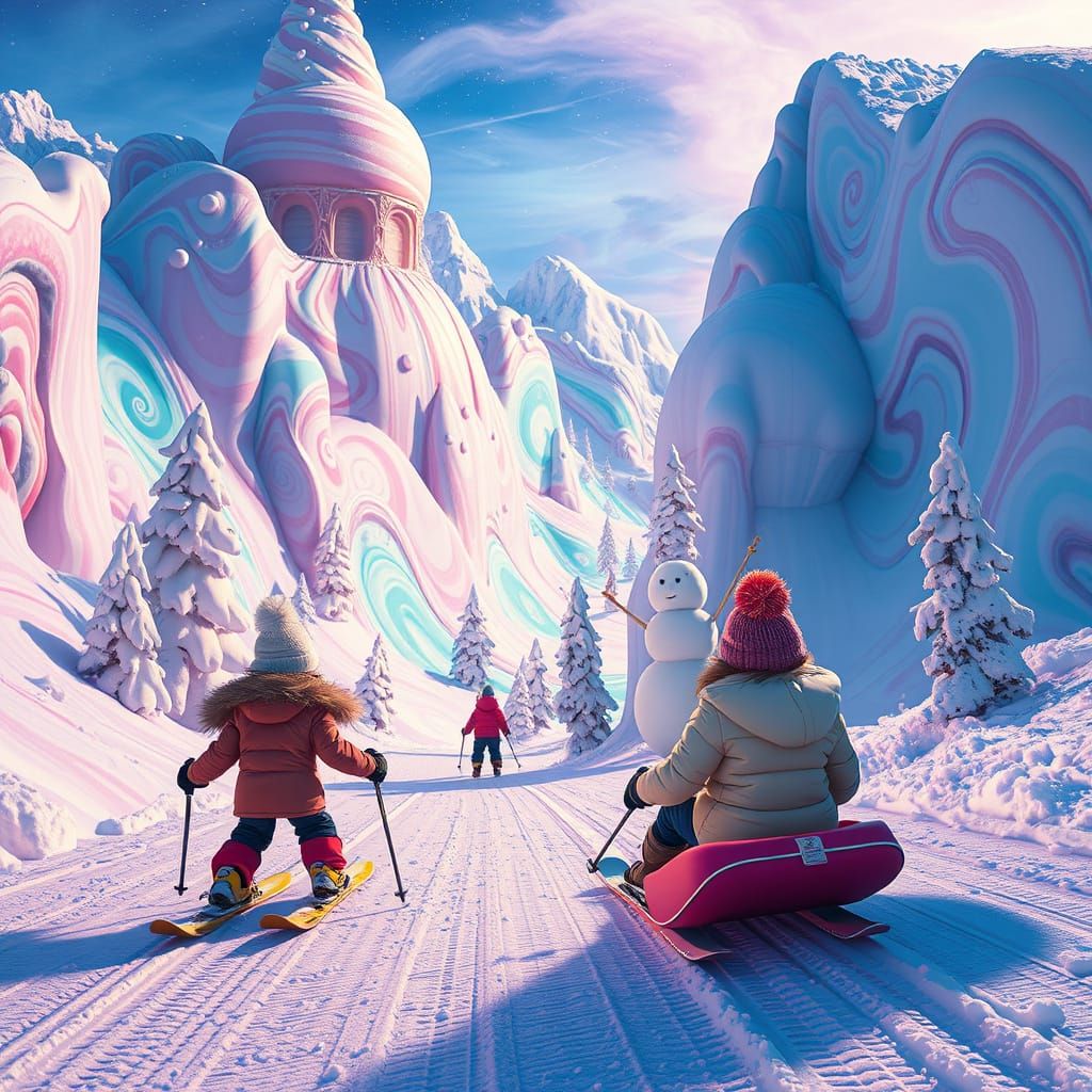 Children Skiing on Ice Cream Mountains in Fairytale Land