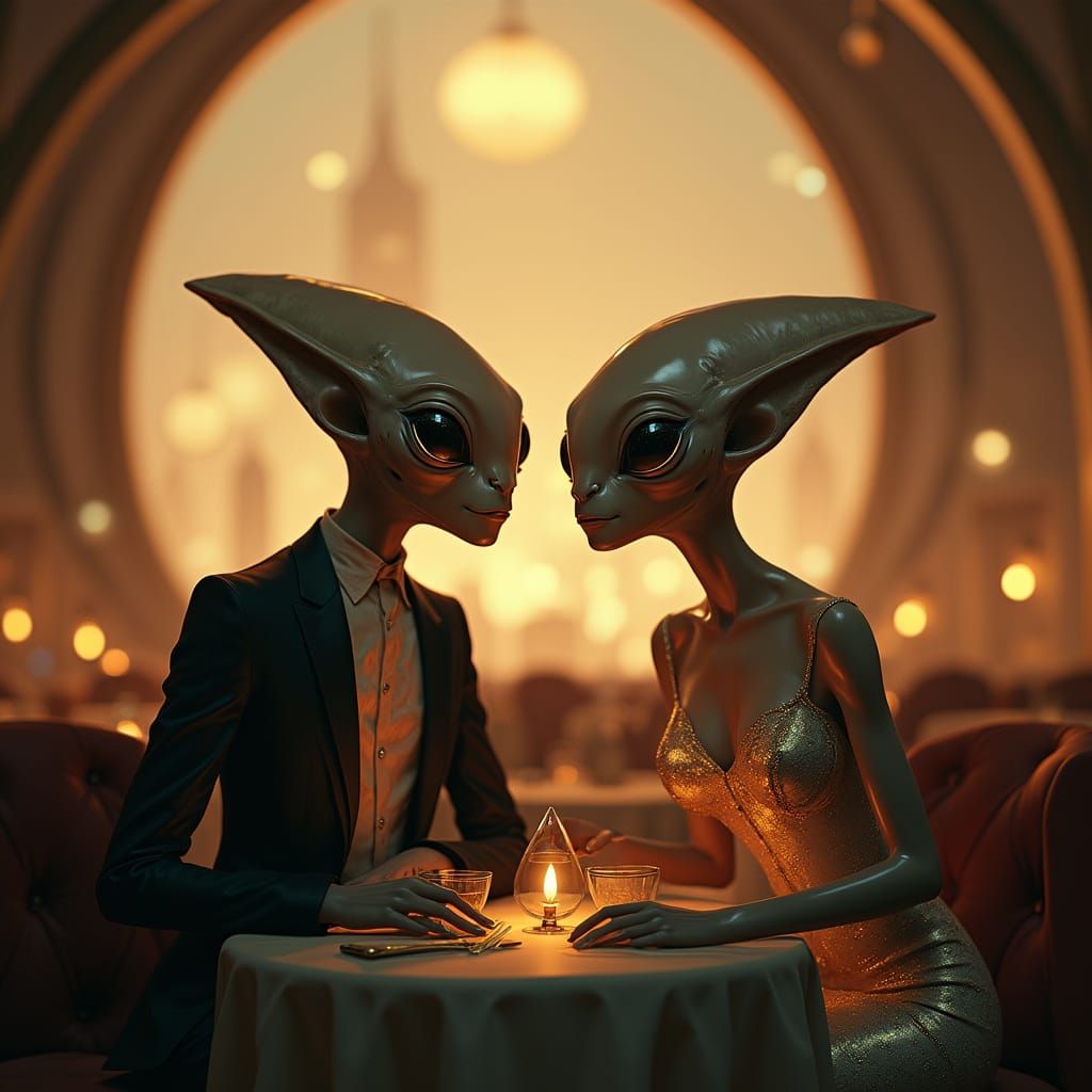 Elegant Intergalactic Lovers in a Futuristic Restaurant
