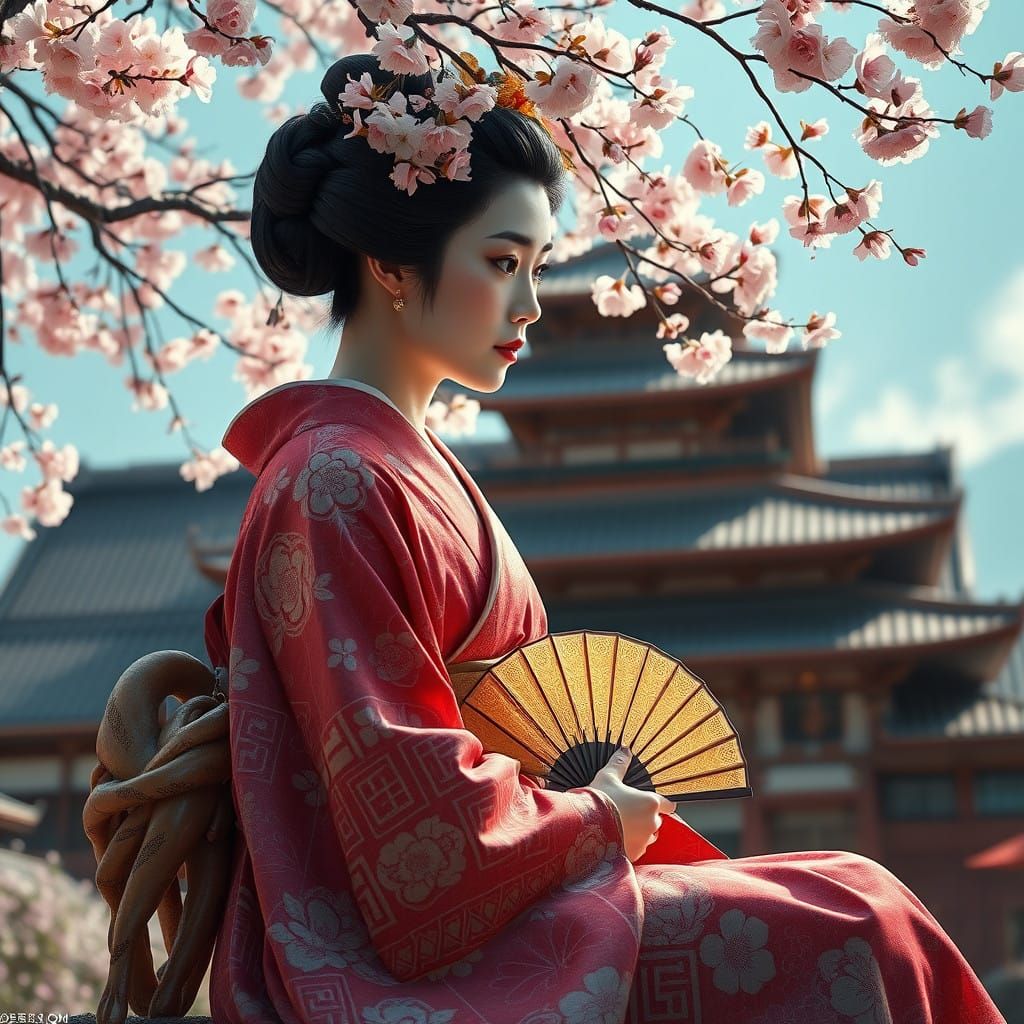 Edo-Period Empress in Elegant Kimono, Surrounded by Cherry B...