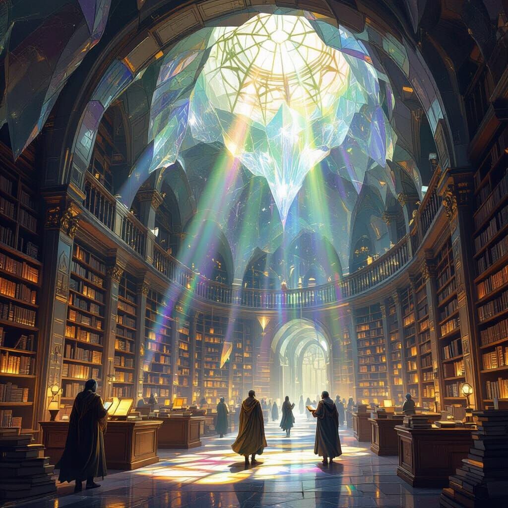 Ancient Crystal Geode Library with Glowing Books
