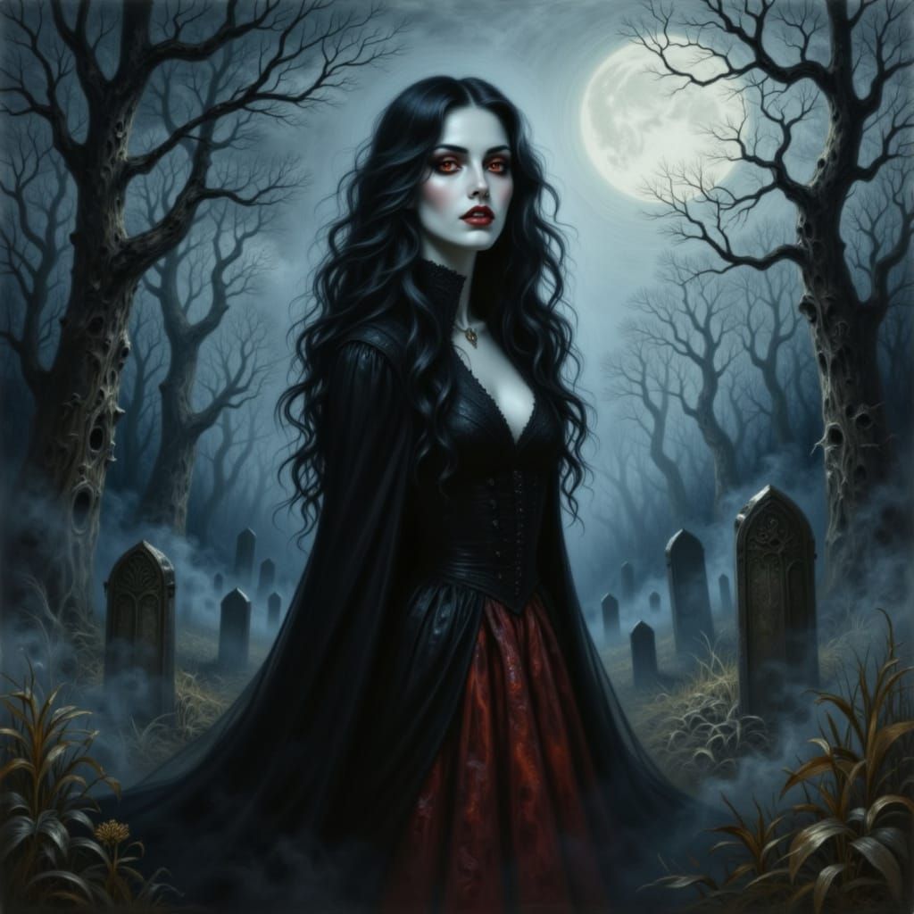 Female Vampire in Foggy Graveyard with Moonlight