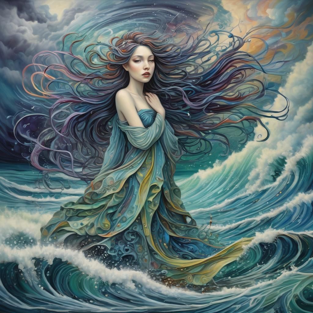 Cosmic Fairy in Stormy Seascape, Expressionist Painting