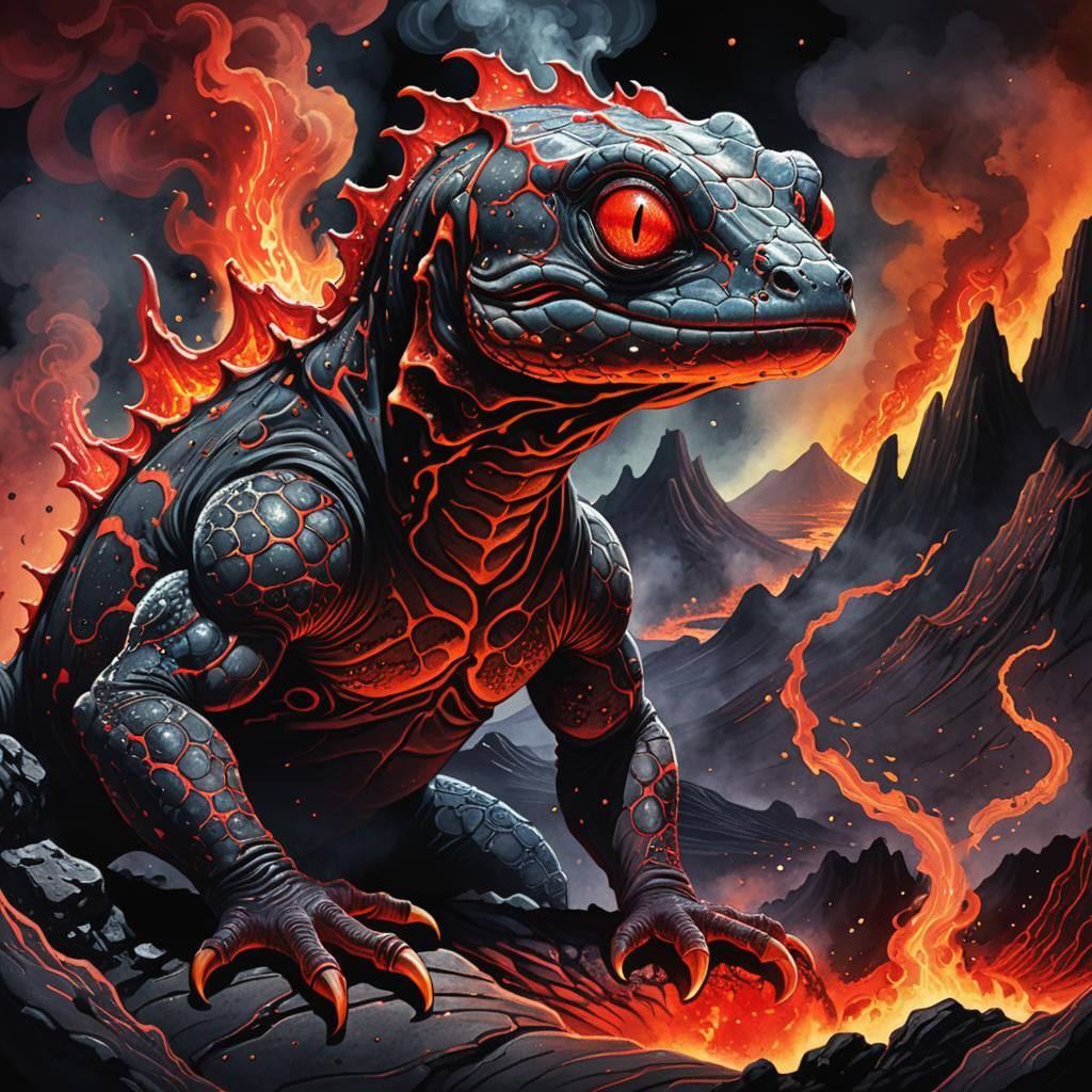 Lava-Dwelling Alien Creature Illustration in Ink and Waterco...