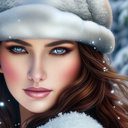 Voluptuous Brunette Woman Portrait in Snow, Digital Art