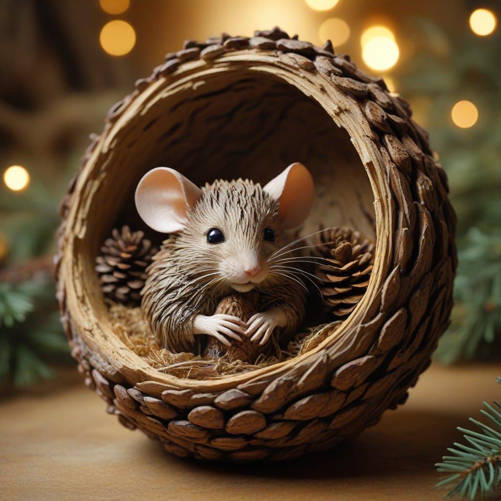 Tiny Mouse Enchanted Within a Golden Pinecone