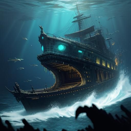 Aquatic Monster Emerges from Sunken Ship: Digital Art