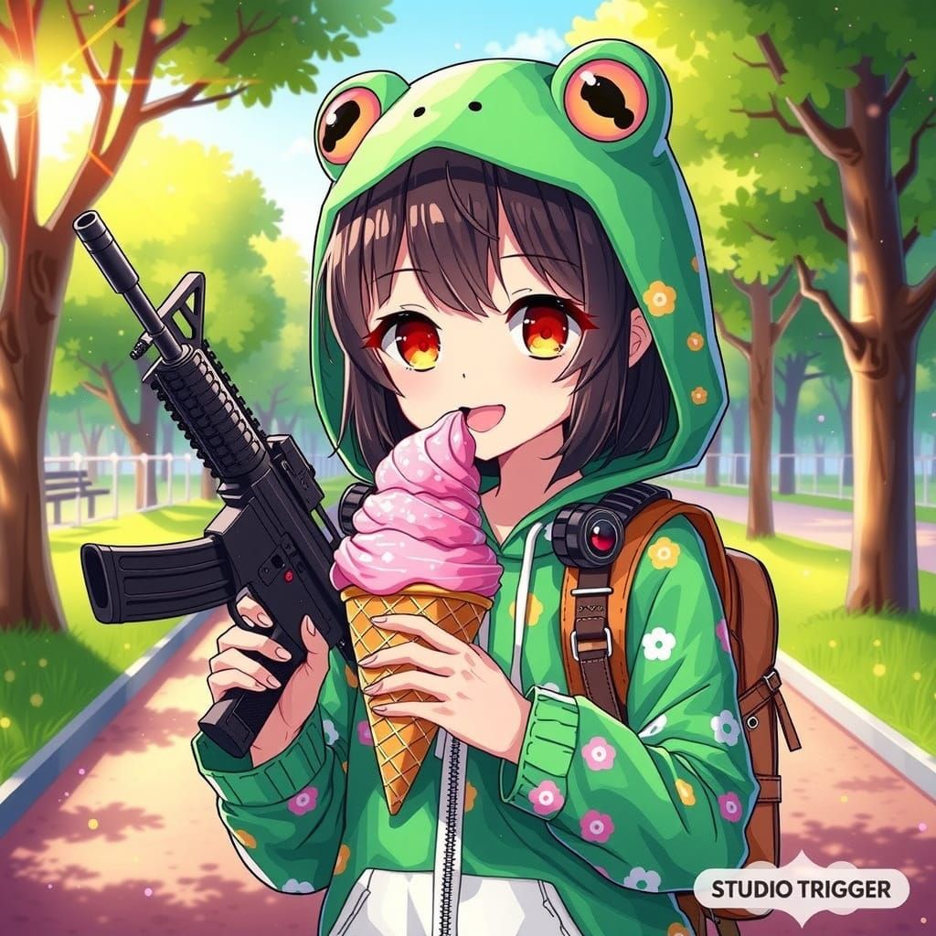 Kawaii Anime Girl in Frog Kigurumi Savoring Ice Cream in Mor...