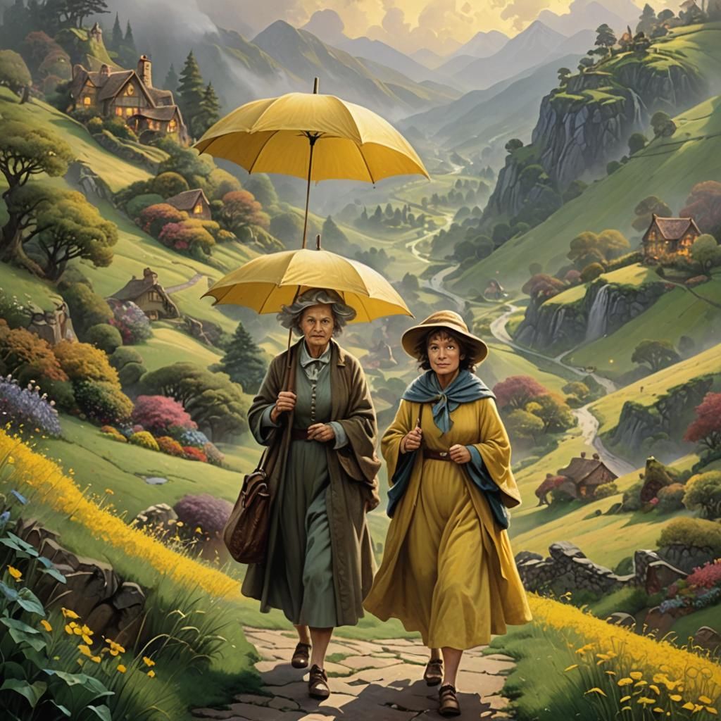 Grumpy Hobbit Lady in Ethereal Fantasy Landscape