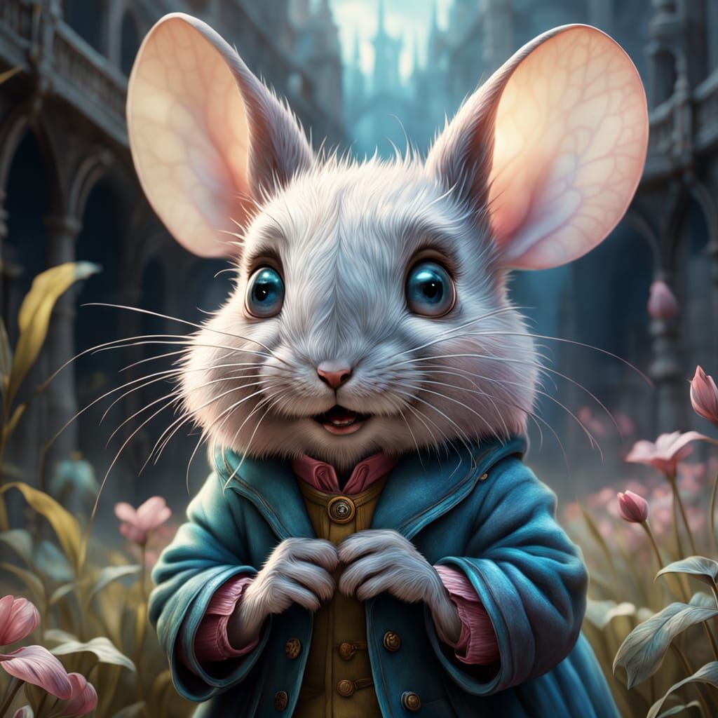 Rainbow Whimsy: A Dreamlike Mouse-Rabbit Hybrid in Vibrant W...