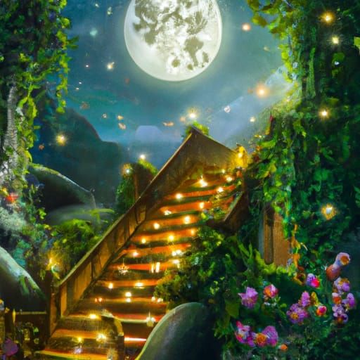 Jungle Stairs Under Strawberry Moon in Hyperrealism