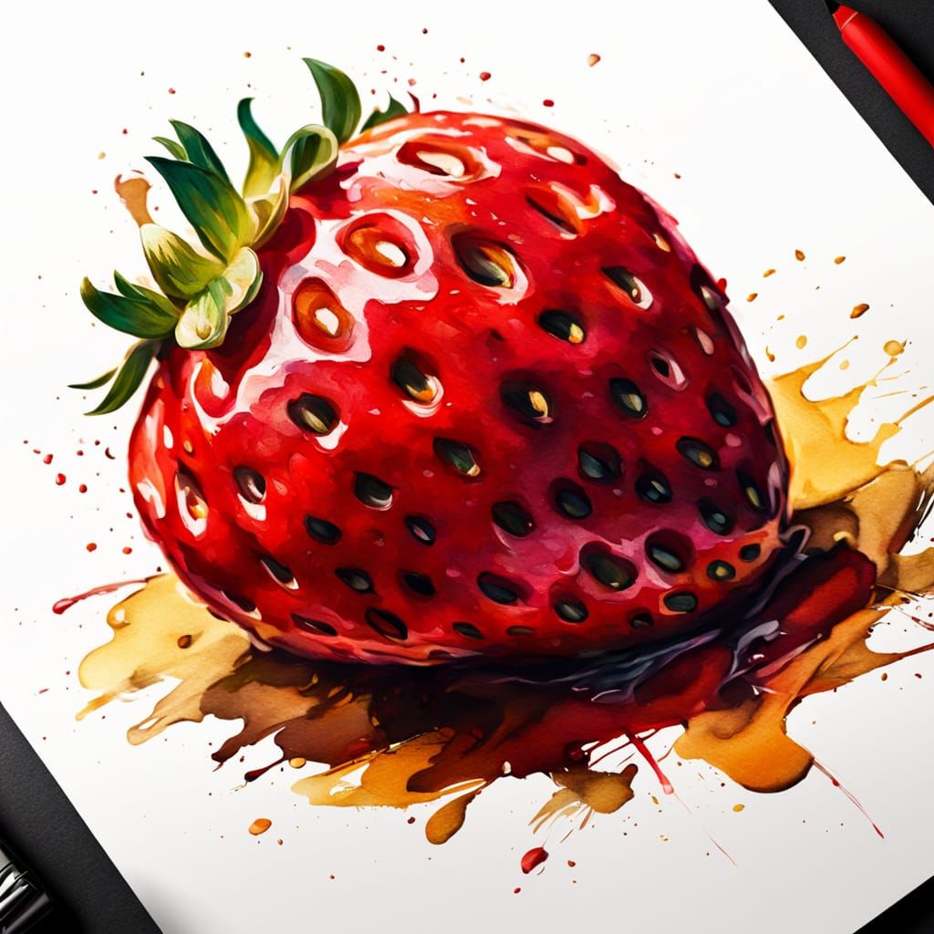 Expressive Strawberry Still Life in Vibrant Ink Textures