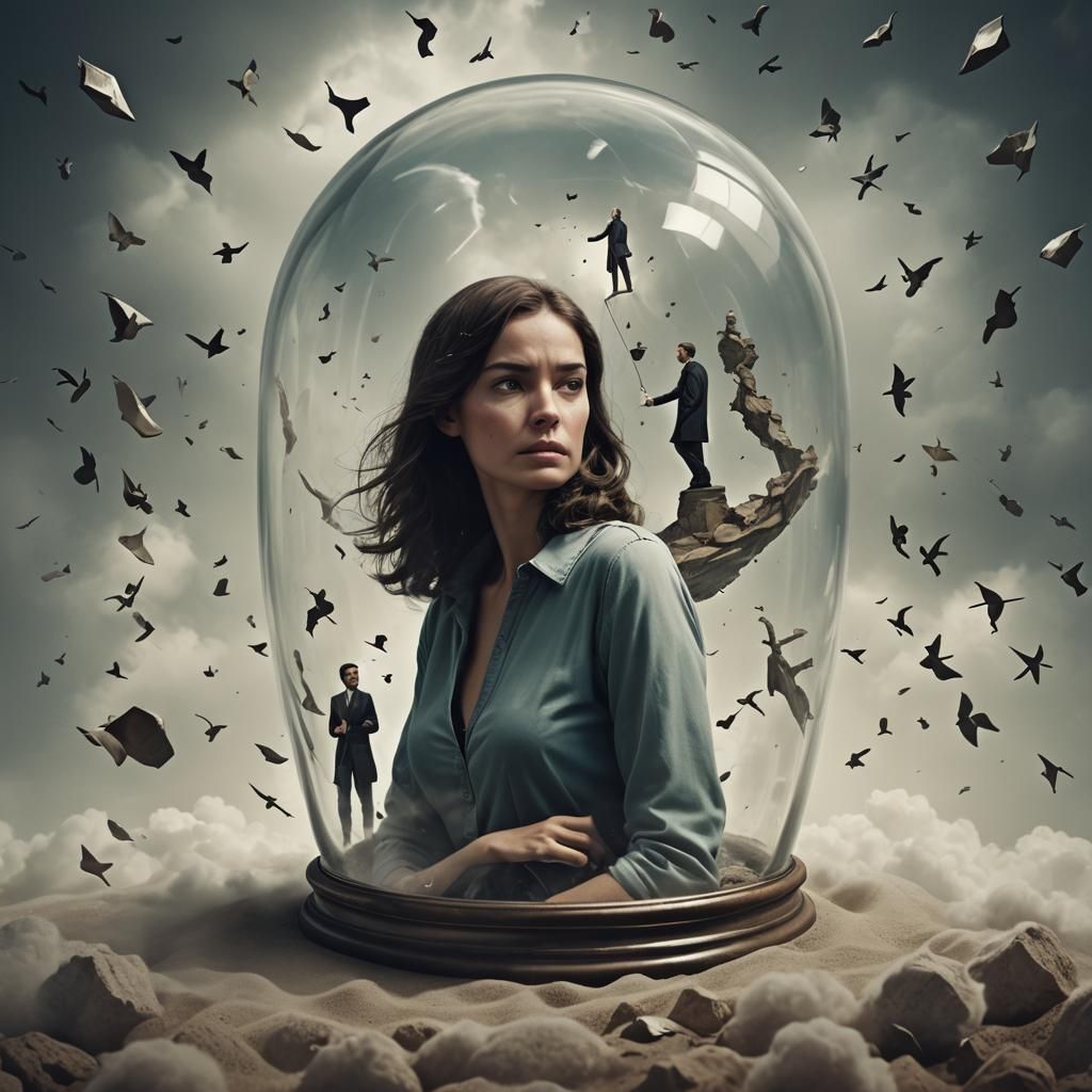 Female trapped inside an hour glass, inside of a thought bubble of a man