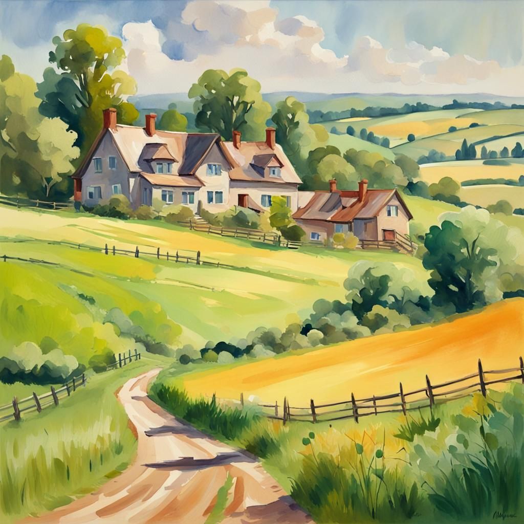 Country Inn Landscape in Impressionist Gouache Style