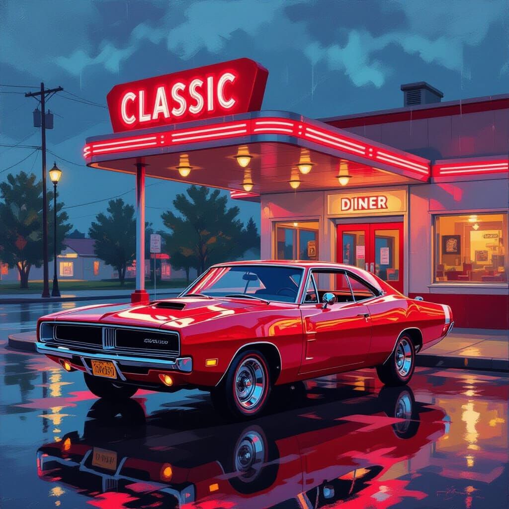 Cherry Red 1969 Dodge Charger at Neon Diner
