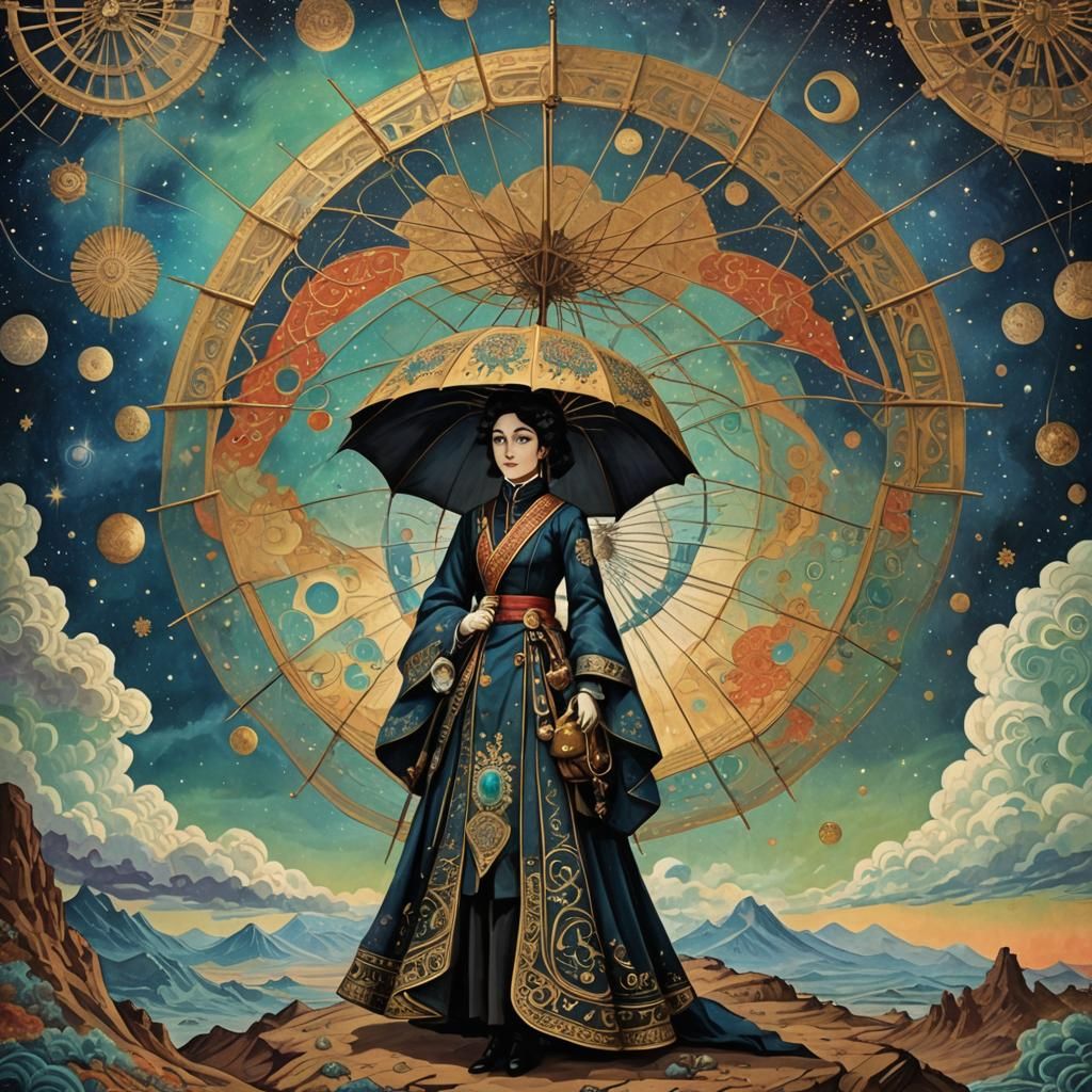 astral qajar Umbrella aurora retrofuturism impasto Ukiyo-e s...