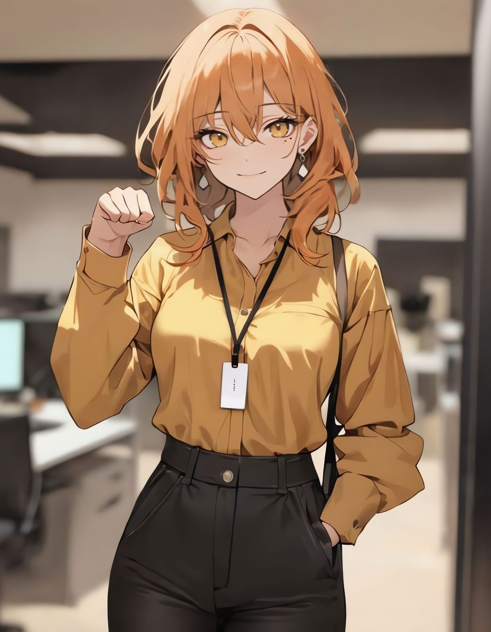 Anime Girl in Office with Paw Pose and Yellow Shirt