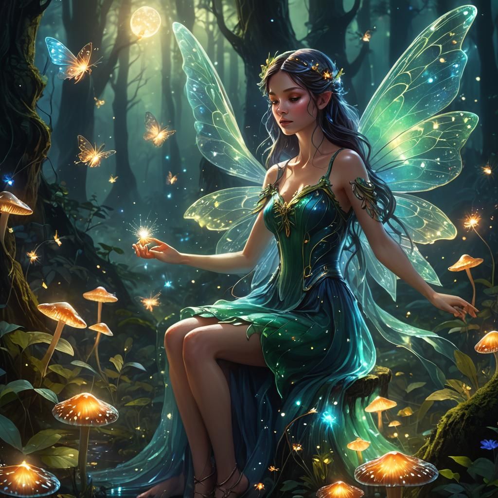 Fairy Practicing Magic in Moonlit Forest