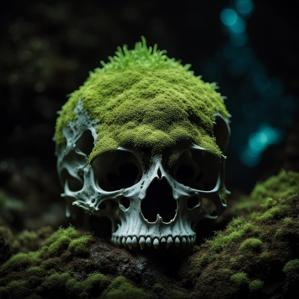 Bioluminescent Dragon Skull in Dark Cave