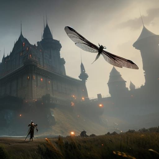 Giant Dragonfly on Castle: Dark Fantasy Concept Art