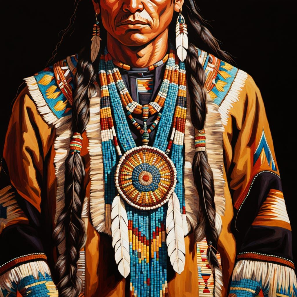 Native American Beadwork Regalia in Oil Painting Style