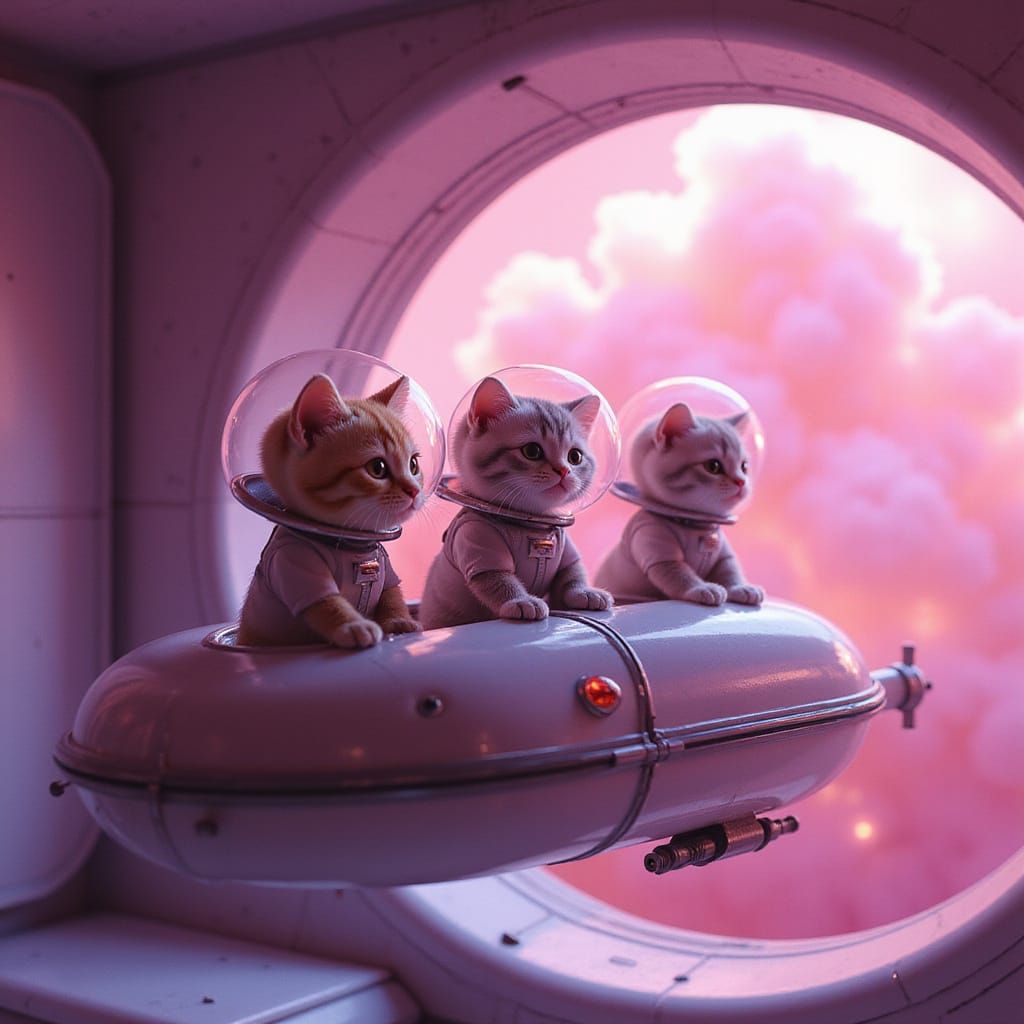 Pixar-Inspired Kittens Blast Off into Vibrant Pink Nebula