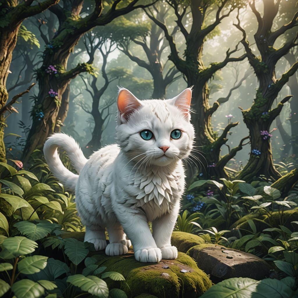Cute White Kitty in Detailed Forest Painting
