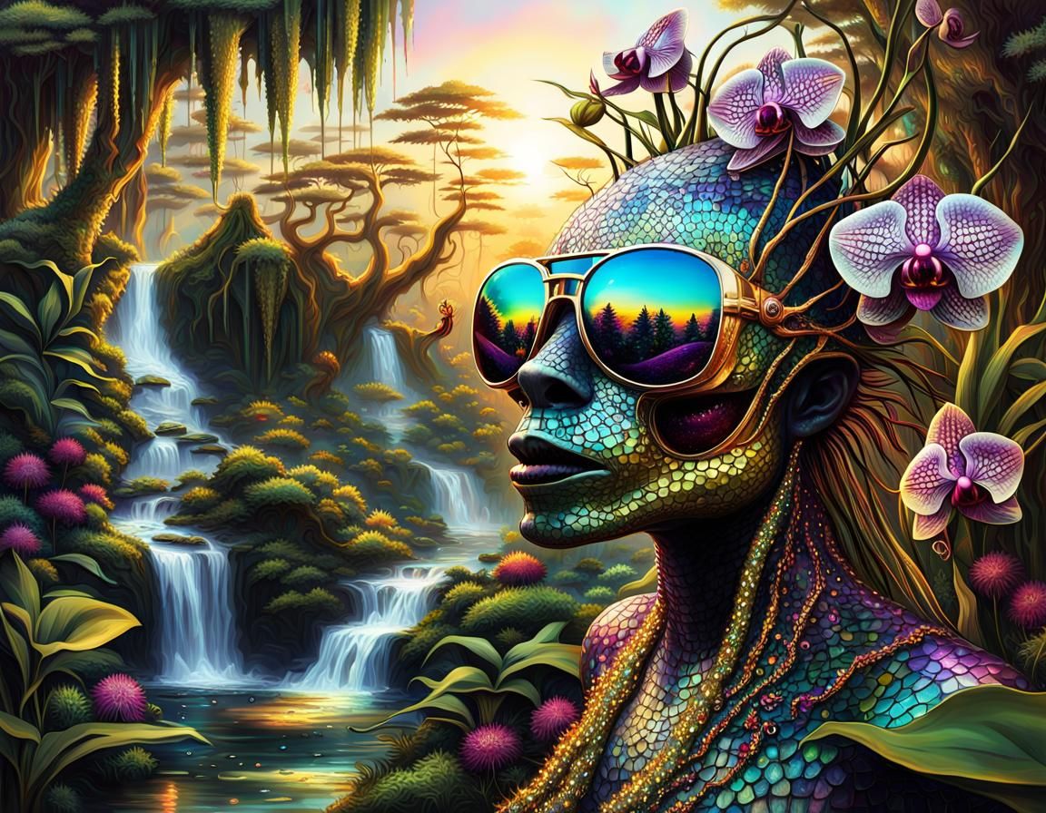 Glittering Mythical Orchid Creature in Sunset Forest