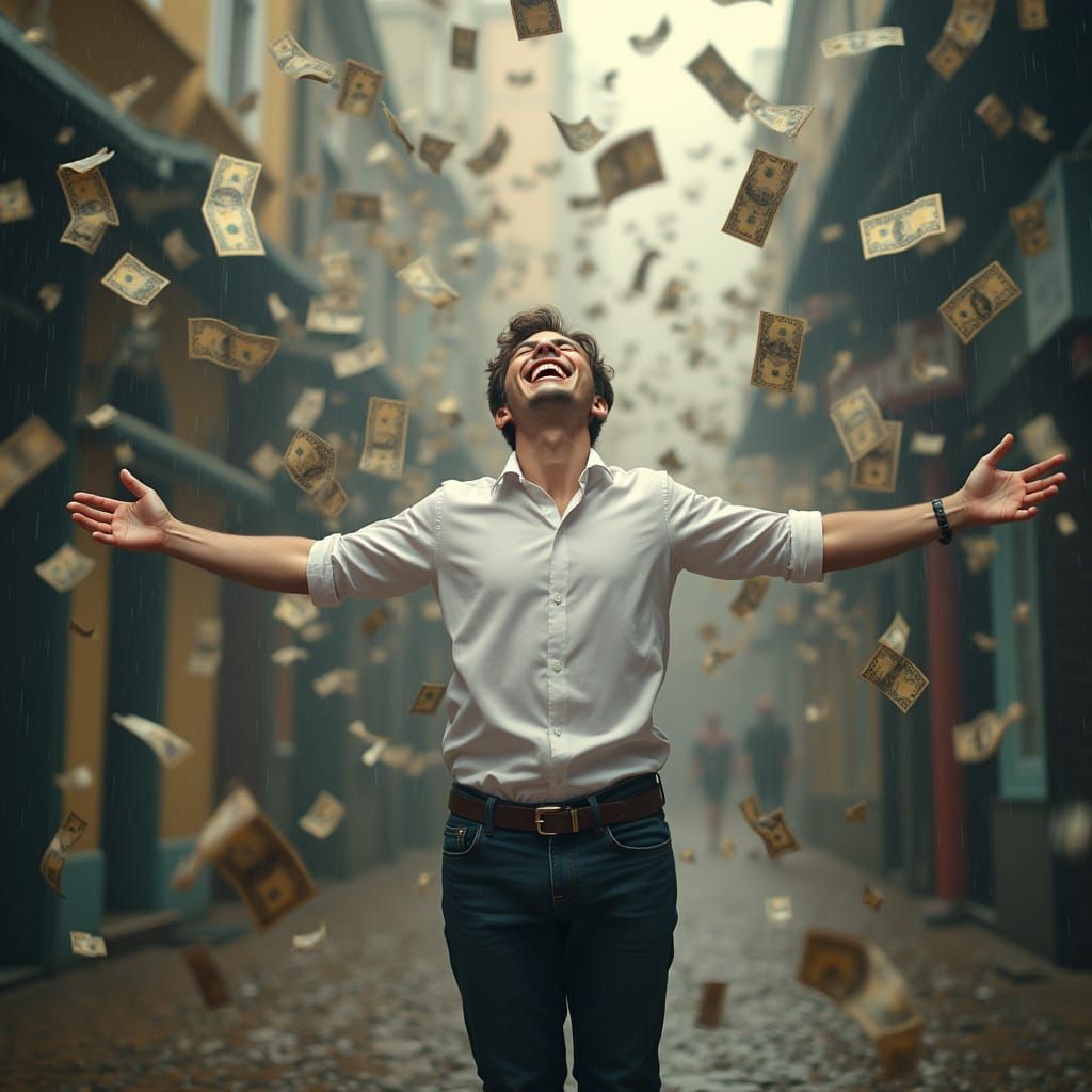 Joyful Young Man Surrounded by a Torrent of Cash