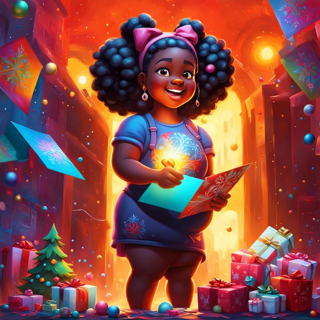 Girl Opening Christmas Cards in Graffiti Art Style