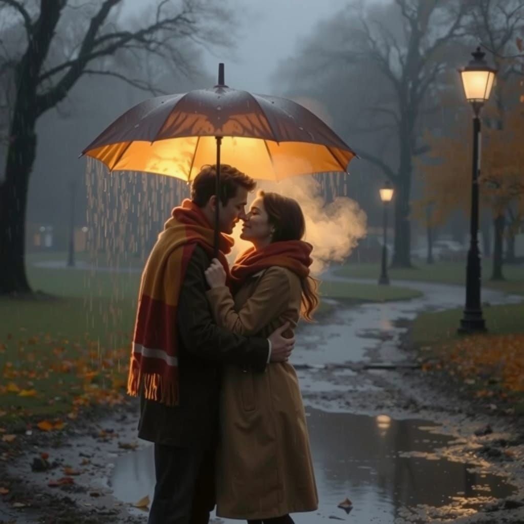 Romantic Autumn Night Embrace in the Rain
