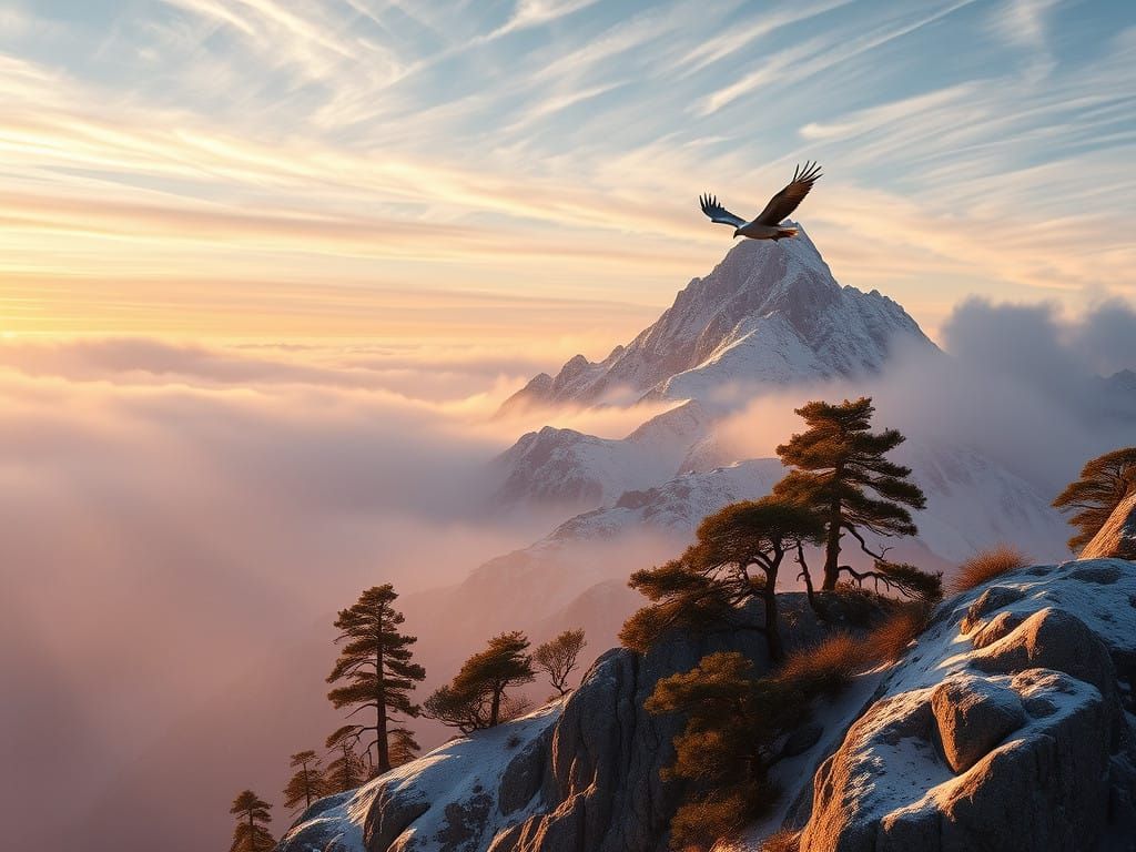 Ethereal Alpine Sunrise: Majestic Peaks in Soft Lavender Lig...