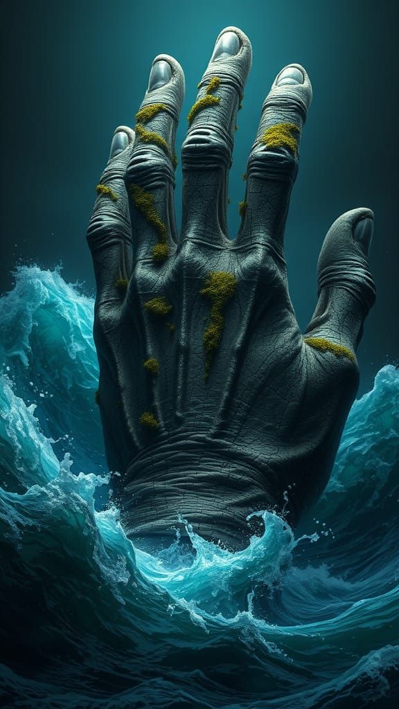 Ancient Hand Emerges from Dark Ocean Depths in Fantasy Style