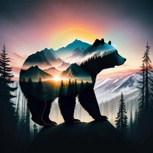 Double Exposure: Forest Bear with Mountain Sunset
