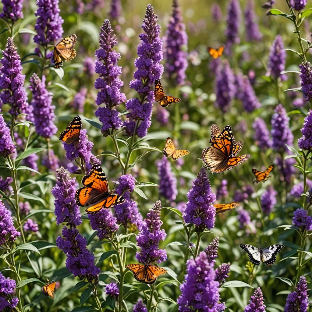 Blooming Buddlejadavidii Field with Butterflies