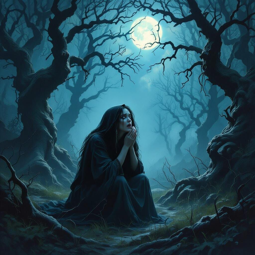 Frightened Witch in Dark Forest, Mystical Painting