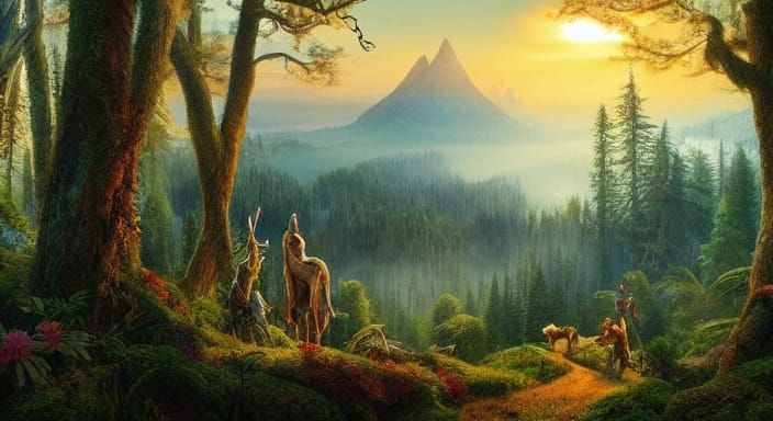 Epic Sunset in the Woods: A Maximalist Digital Masterpiece